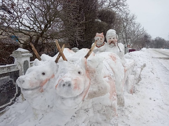 Українське подружжя на волах: у Черкаській області чоловік зі снігу виліпив скульптуру (ФОТО)