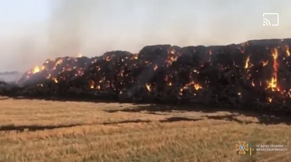 На Черкащині виникла масштабна пожежа через підпал тюкованої соломи (ВІДЕО)